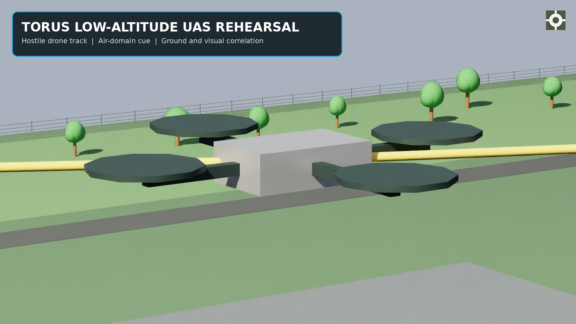 Low-altitude drone crossing the TORUS campus in Isaac Sim